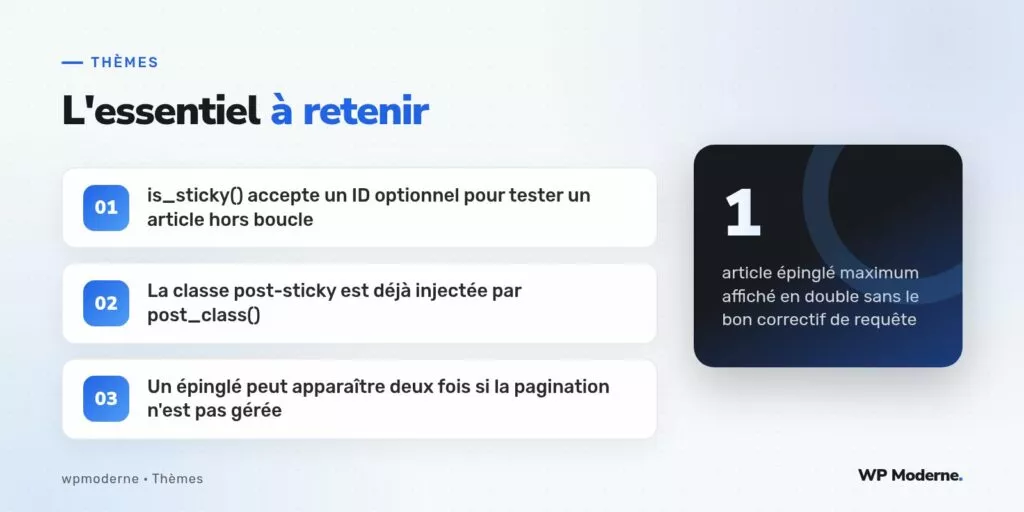 L'essentiel à retenir : is_sticky() accepte un ID optionnel pour tester un article hors boucle ; La classe post-sticky est déjà injectée par post_class() ; Un épinglé peut apparaître deux fois si la pagination n'est pas gérée