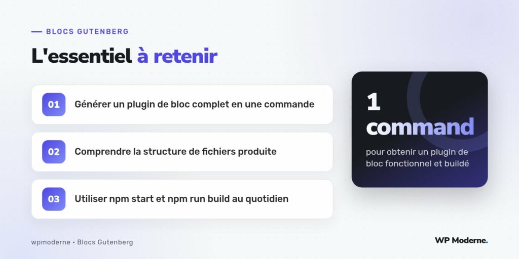 L'essentiel à retenir : Générer un plugin de bloc complet en une commande ; Comprendre la structure de fichiers produite ; Utiliser npm start et npm run build au quotidien