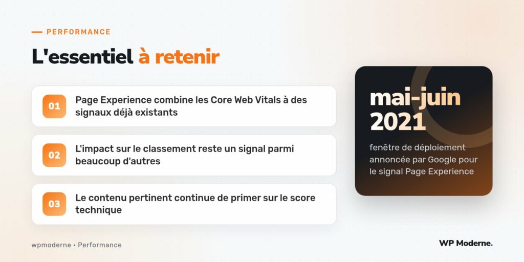 L'essentiel à retenir : Page Experience combine les Core Web Vitals à des signaux déjà existants ; L'impact sur le classement reste un signal parmi beaucoup d'autres ; Le contenu pertinent continue de primer sur le score technique
