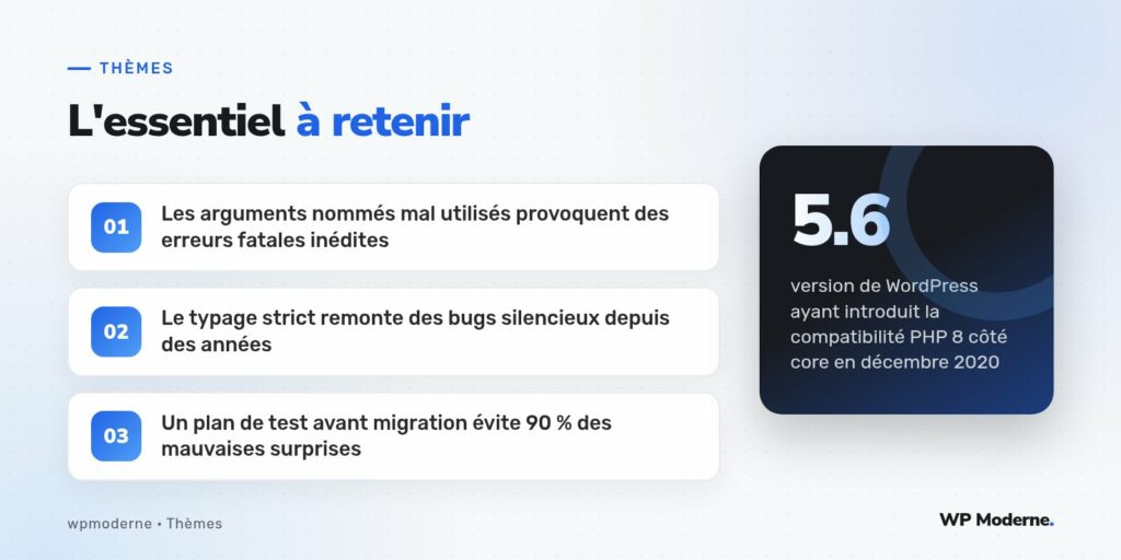 L'essentiel à retenir : Les arguments nommés mal utilisés provoquent des erreurs fatales inédites ; Le typage strict remonte des bugs silencieux depuis des années ; Un plan de test avant migration évite 90 % des mauvaises surprises