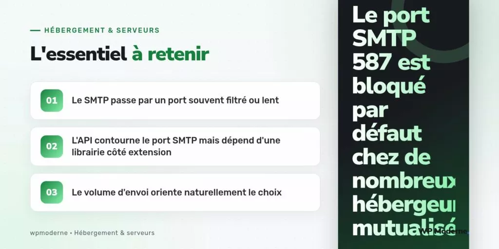 L'essentiel à retenir : Le SMTP passe par un port souvent filtré ou lent ; L'API contourne le port SMTP mais dépend d'une librairie côté extension ; Le volume d'envoi oriente naturellement le choix