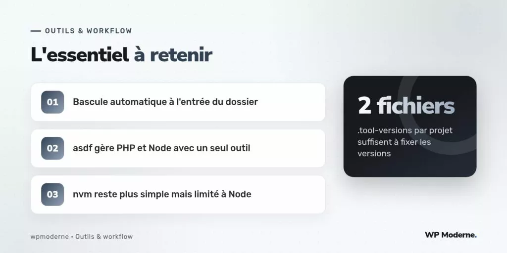 L'essentiel à retenir : Bascule automatique à l'entrée du dossier ; asdf gère PHP et Node avec un seul outil ; nvm reste plus simple mais limité à Node