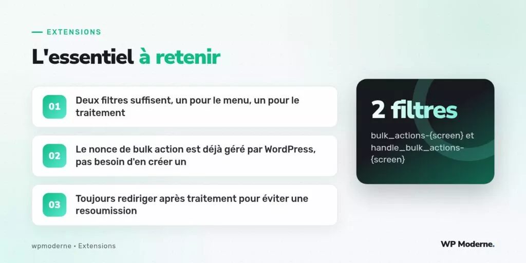 L'essentiel à retenir : Deux filtres suffisent, un pour le menu, un pour le traitement ; Le nonce de bulk action est déjà géré par WordPress, pas besoin d'en créer un ; Toujours rediriger après traitement pour éviter une resoumission