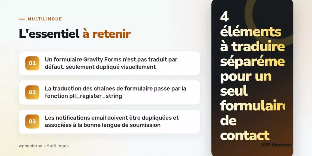 L'essentiel à retenir : Un formulaire Gravity Forms n'est pas traduit par défaut, seulement dupliqué visuellement ; La traduction des chaînes de formulaire passe par la fonction pll_register_string ; Les notifications email doivent être dupliquées et associées à la bonne langue de soumission