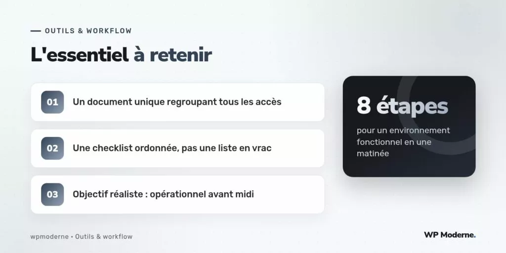 L'essentiel à retenir : Un document unique regroupant tous les accès ; Une checklist ordonnée, pas une liste en vrac ; Objectif réaliste : opérationnel avant midi