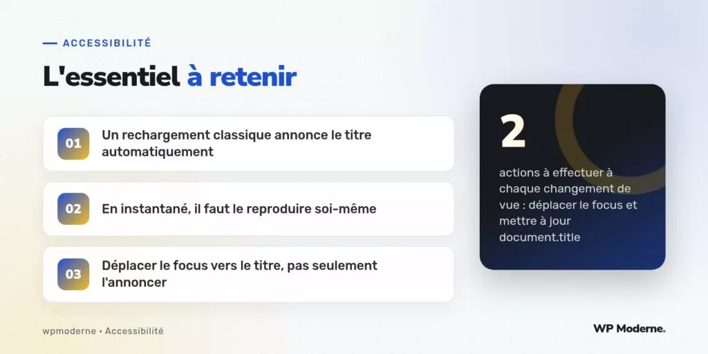 L'essentiel à retenir : Un rechargement classique annonce le titre automatiquement ; En instantané, il faut le reproduire soi-même ; Déplacer le focus vers le titre, pas seulement l'annoncer