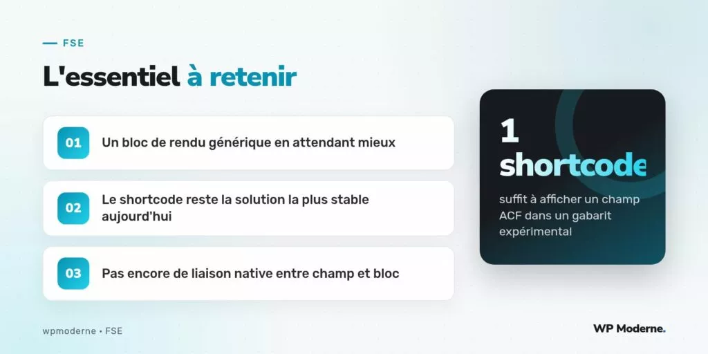 L'essentiel à retenir : Un bloc de rendu générique en attendant mieux ; Le shortcode reste la solution la plus stable aujourd'hui ; Pas encore de liaison native entre champ et bloc