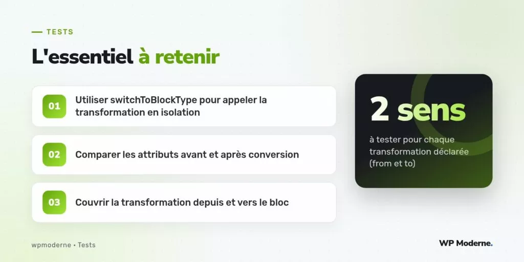 L'essentiel à retenir : Utiliser switchToBlockType pour appeler la transformation en isolation ; Comparer les attributs avant et après conversion ; Couvrir la transformation depuis et vers le bloc
