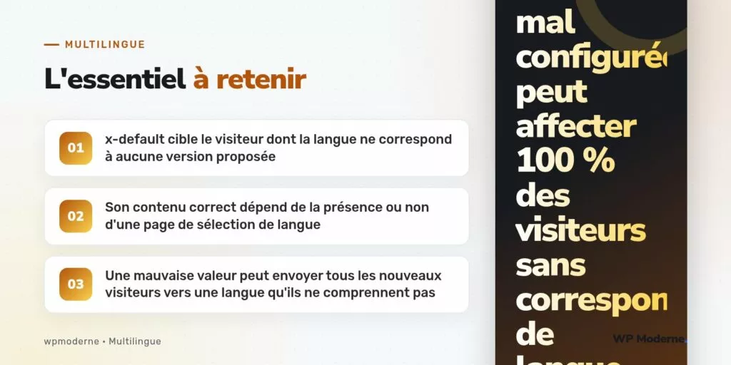 L'essentiel à retenir : x-default cible le visiteur dont la langue ne correspond à aucune version proposée ; Son contenu correct dépend de la présence ou non d'une page de sélection de langue ; Une mauvaise valeur peut envoyer tous les nouveaux visiteurs vers une langue qu'ils ne comprennent pas