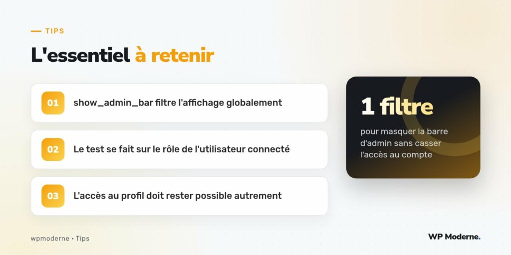 L'essentiel à retenir : show_admin_bar filtre l'affichage globalement ; Le test se fait sur le rôle de l'utilisateur connecté ; L'accès au profil doit rester possible autrement