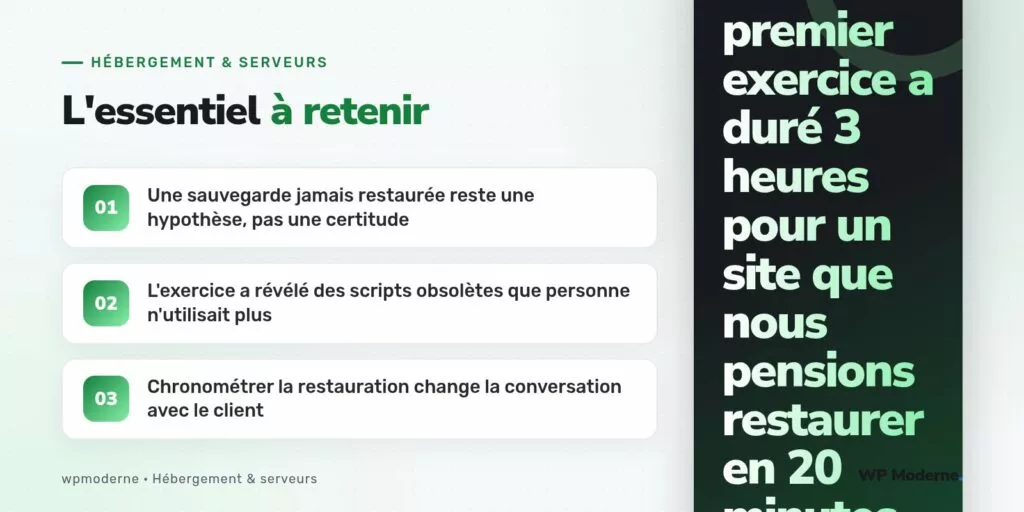 L'essentiel à retenir : Une sauvegarde jamais restaurée reste une hypothèse, pas une certitude ; L'exercice a révélé des scripts obsolètes que personne n'utilisait plus ; Chronométrer la restauration change la conversation avec le client