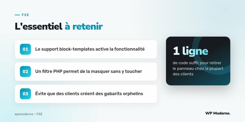 L'essentiel à retenir : Le support block-templates active la fonctionnalité ; Un filtre PHP permet de la masquer sans y toucher ; Évite que des clients créent des gabarits orphelins