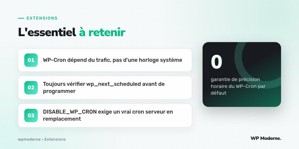 L'essentiel à retenir : WP-Cron dépend du trafic, pas d'une horloge système ; Toujours vérifier wp_next_scheduled avant de programmer ; DISABLE_WP_CRON exige un vrai cron serveur en remplacement