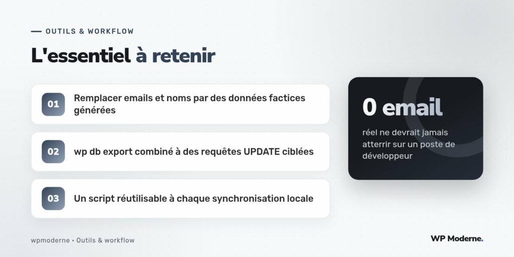 L'essentiel à retenir : Remplacer emails et noms par des données factices générées ; wp db export combiné à des requêtes UPDATE ciblées ; Un script réutilisable à chaque synchronisation locale