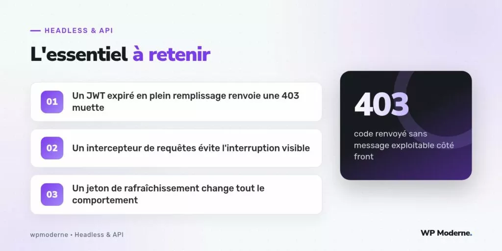 L'essentiel à retenir : Un JWT expiré en plein remplissage renvoie une 403 muette ; Un intercepteur de requêtes évite l'interruption visible ; Un jeton de rafraîchissement change tout le comportement