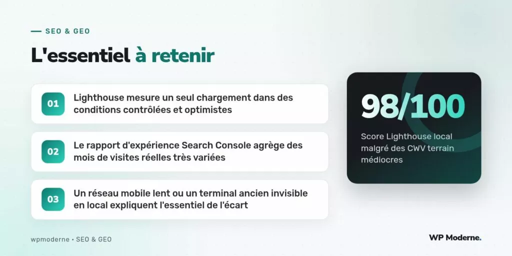 L'essentiel à retenir : Lighthouse mesure un seul chargement dans des conditions contrôlées et optimistes ; Le rapport d'expérience Search Console agrège des mois de visites réelles très variées ; Un réseau mobile lent ou un terminal ancien invisible en local expliquent l'essentiel de l'écart