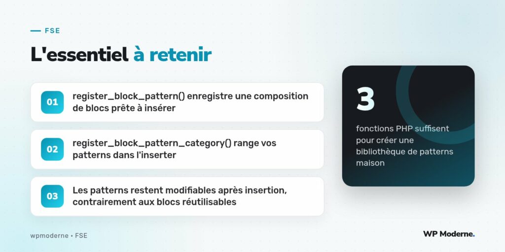 L'essentiel à retenir : register_block_pattern() enregistre une composition de blocs prête à insérer ; register_block_pattern_category() range vos patterns dans l'inserter ; Les patterns restent modifiables après insertion, contrairement aux blocs réutilisables
