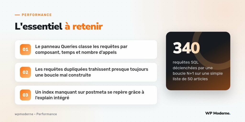 L'essentiel à retenir : Le panneau Queries classe les requêtes par composant, temps et nombre d'appels ; Les requêtes dupliquées trahissent presque toujours une boucle mal construite ; Un index manquant sur postmeta se repère grâce à l'explain intégré