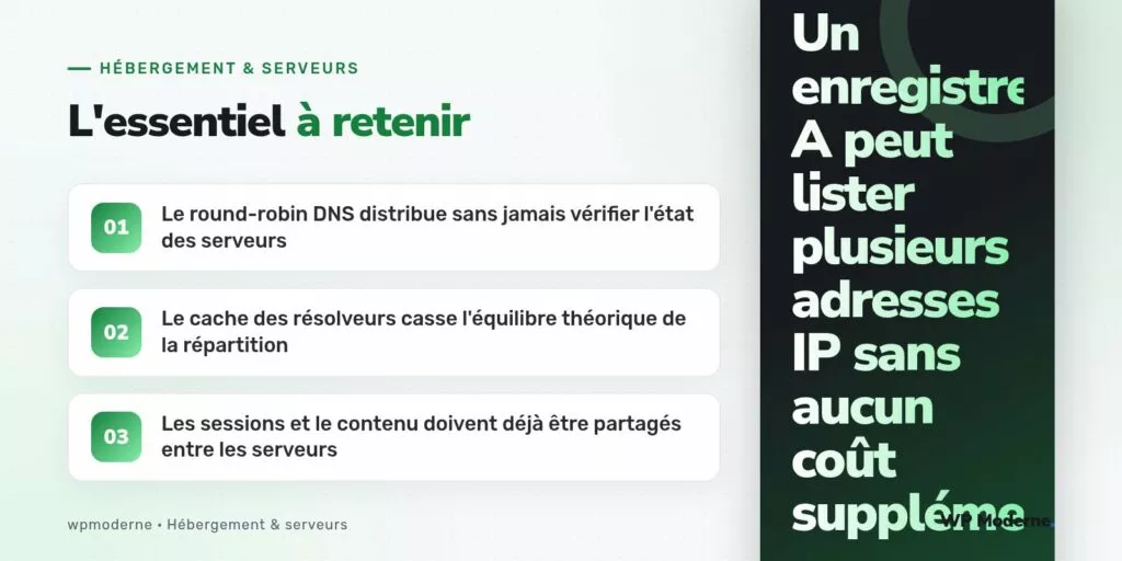 L'essentiel à retenir : Le round-robin DNS distribue sans jamais vérifier l'état des serveurs ; Le cache des résolveurs casse l'équilibre théorique de la répartition ; Les sessions et le contenu doivent déjà être partagés entre les serveurs
