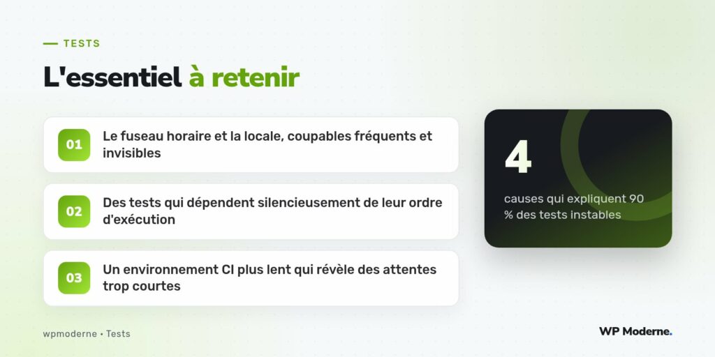 L'essentiel à retenir : Le fuseau horaire et la locale, coupables fréquents et invisibles ; Des tests qui dépendent silencieusement de leur ordre d'exécution ; Un environnement CI plus lent qui révèle des attentes trop courtes