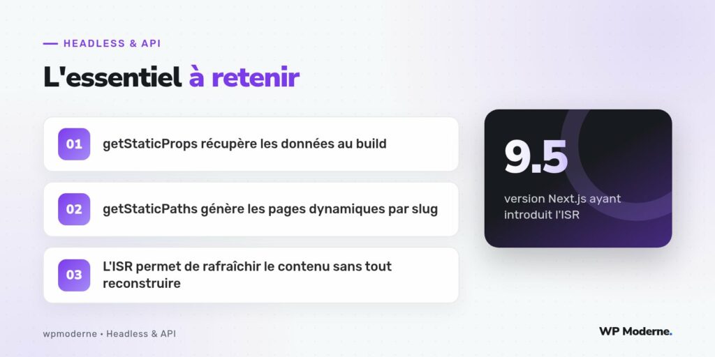 L'essentiel à retenir : getStaticProps récupère les données au build ; getStaticPaths génère les pages dynamiques par slug ; L'ISR permet de rafraîchir le contenu sans tout reconstruire