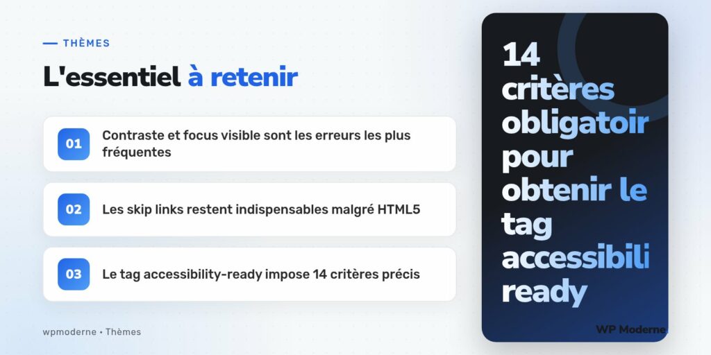 L'essentiel à retenir : Contraste et focus visible sont les erreurs les plus fréquentes ; Les skip links restent indispensables malgré HTML5 ; Le tag accessibility-ready impose 14 critères précis