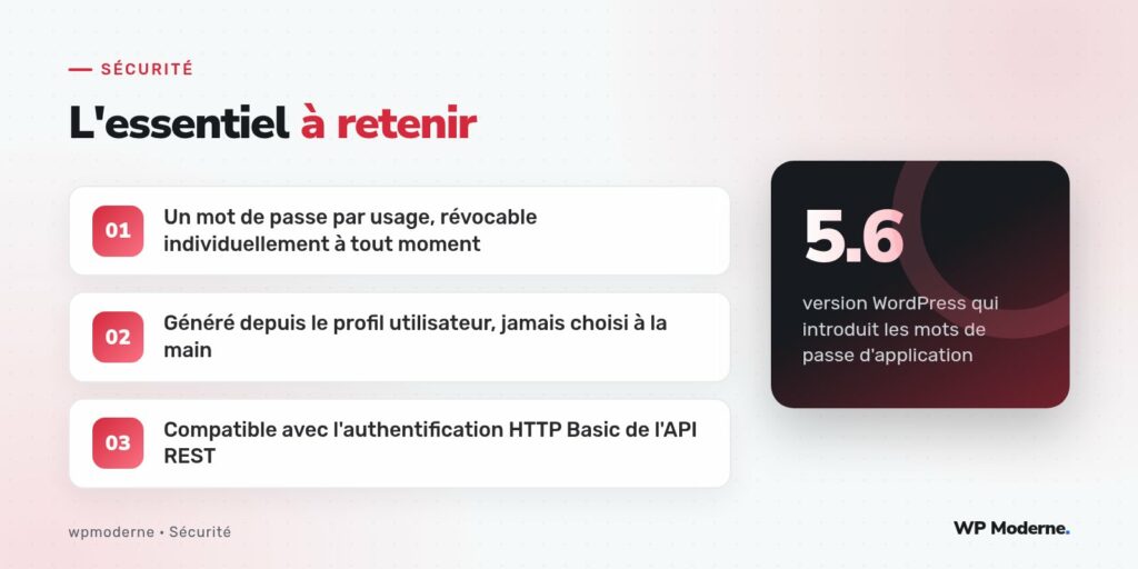L'essentiel à retenir : Un mot de passe par usage, révocable individuellement à tout moment ; Généré depuis le profil utilisateur, jamais choisi à la main ; Compatible avec l'authentification HTTP Basic de l'API REST