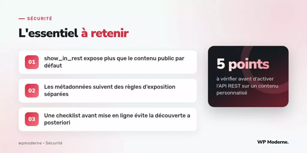 L'essentiel à retenir : show_in_rest expose plus que le contenu public par défaut ; Les métadonnées suivent des règles d'exposition séparées ; Une checklist avant mise en ligne évite la découverte a posteriori