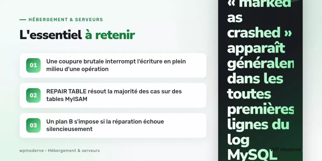 L'essentiel à retenir : Une coupure brutale interrompt l'écriture en plein milieu d'une opération ; REPAIR TABLE résout la majorité des cas sur des tables MyISAM ; Un plan B s'impose si la réparation échoue silencieusement