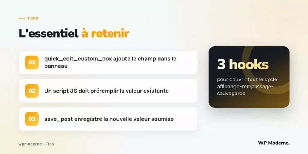 L'essentiel à retenir : quick_edit_custom_box ajoute le champ dans le panneau ; Un script JS doit préremplir la valeur existante ; save_post enregistre la nouvelle valeur soumise