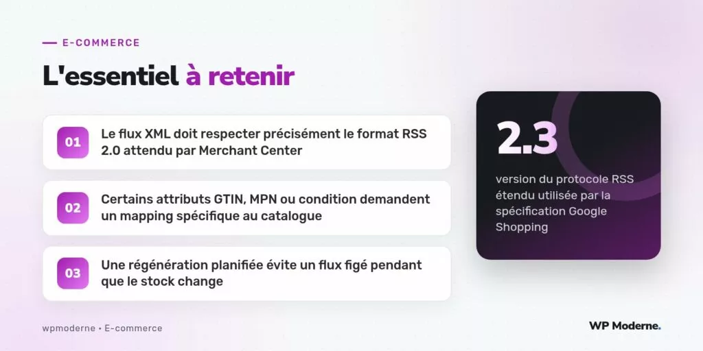 L'essentiel à retenir : Le flux XML doit respecter précisément le format RSS 2.0 attendu par Merchant Center ; Certains attributs GTIN, MPN ou condition demandent un mapping spécifique au catalogue ; Une régénération planifiée évite un flux figé pendant que le stock change
