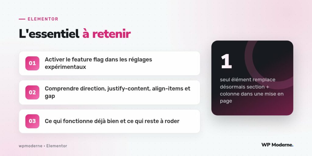 L'essentiel à retenir : Activer le feature flag dans les réglages expérimentaux ; Comprendre direction, justify-content, align-items et gap ; Ce qui fonctionne déjà bien et ce qui reste à roder