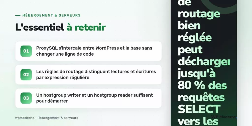 L'essentiel à retenir : ProxySQL s'intercale entre WordPress et la base sans changer une ligne de code ; Les règles de routage distinguent lectures et écritures par expression régulière ; Un hostgroup writer et un hostgroup reader suffisent pour démarrer