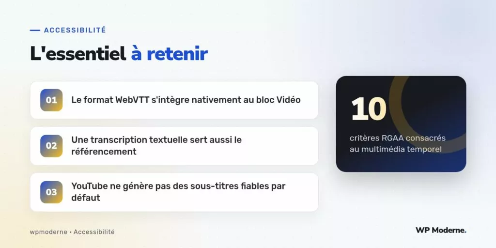 L'essentiel à retenir : Le format WebVTT s'intègre nativement au bloc Vidéo ; Une transcription textuelle sert aussi le référencement ; YouTube ne génère pas des sous-titres fiables par défaut
