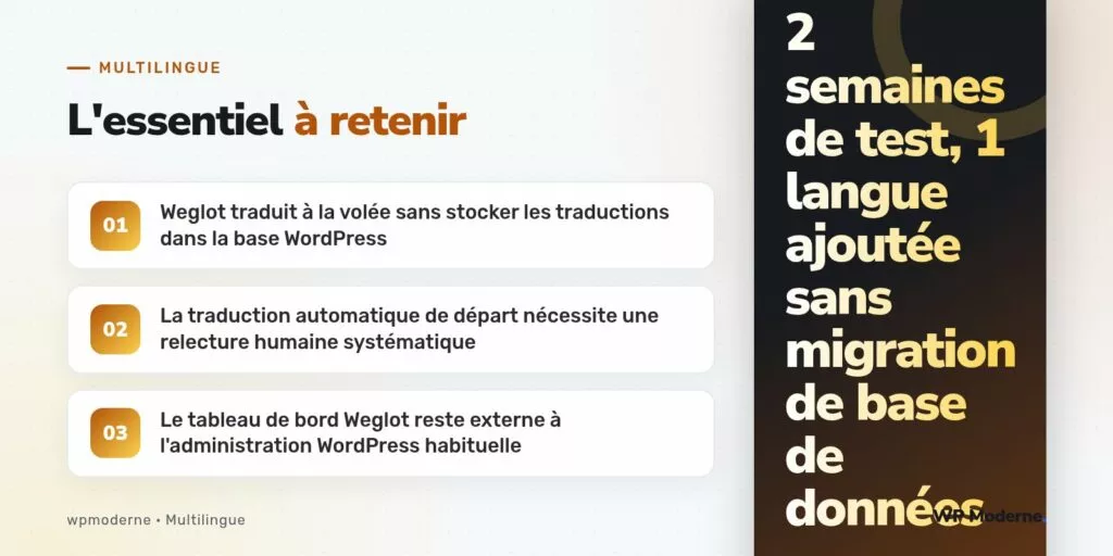 L'essentiel à retenir : Weglot traduit à la volée sans stocker les traductions dans la base WordPress ; La traduction automatique de départ nécessite une relecture humaine systématique ; Le tableau de bord Weglot reste externe à l'administration WordPress habituelle