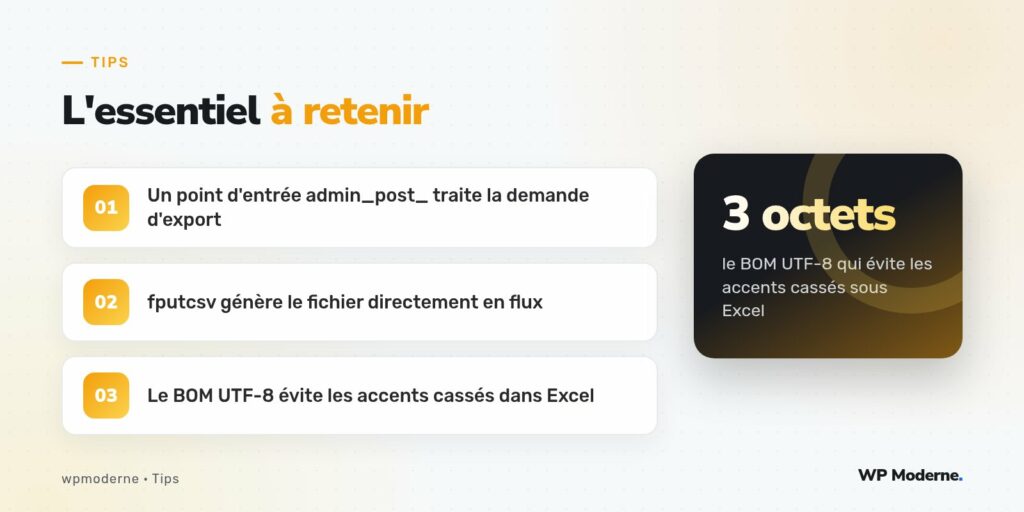 L'essentiel à retenir : Un point d'entrée admin_post_ traite la demande d'export ; fputcsv génère le fichier directement en flux ; Le BOM UTF-8 évite les accents cassés dans Excel