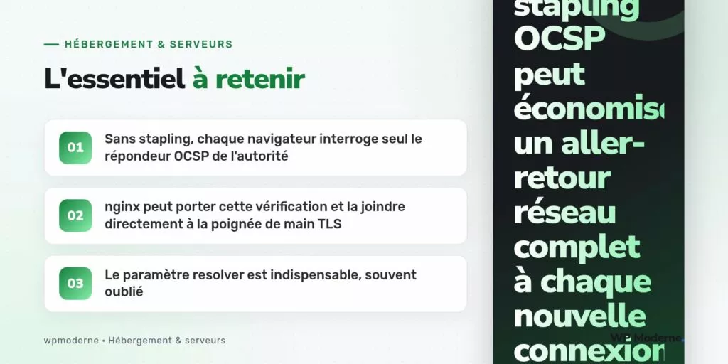 L'essentiel à retenir : Sans stapling, chaque navigateur interroge seul le répondeur OCSP de l'autorité ; nginx peut porter cette vérification et la joindre directement à la poignée de main TLS ; Le paramètre resolver est indispensable, souvent oublié
