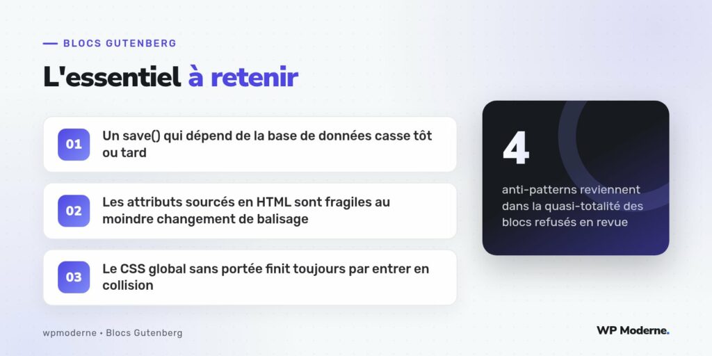 L'essentiel à retenir : Un save() qui dépend de la base de données casse tôt ou tard ; Les attributs sourcés en HTML sont fragiles au moindre changement de balisage ; Le CSS global sans portée finit toujours par entrer en collision