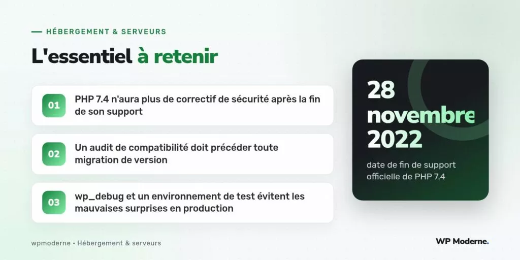 L'essentiel à retenir : PHP 7.4 n'aura plus de correctif de sécurité après la fin de son support ; Un audit de compatibilité doit précéder toute migration de version ; wp_debug et un environnement de test évitent les mauvaises surprises en production