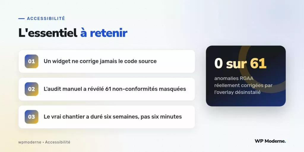 L'essentiel à retenir : Un widget ne corrige jamais le code source ; L'audit manuel a révélé 61 non-conformités masquées ; Le vrai chantier a duré six semaines, pas six minutes