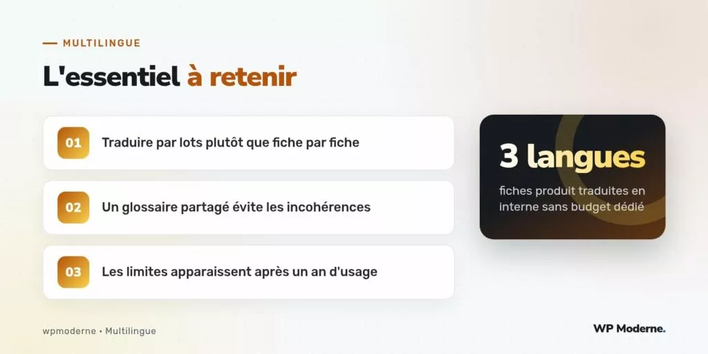 L'essentiel à retenir : Traduire par lots plutôt que fiche par fiche ; Un glossaire partagé évite les incohérences ; Les limites apparaissent après un an d'usage