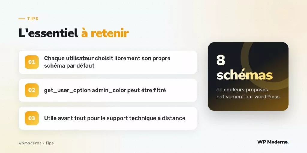 L'essentiel à retenir : Chaque utilisateur choisit librement son propre schéma par défaut ; get_user_option admin_color peut être filtré ; Utile avant tout pour le support technique à distance
