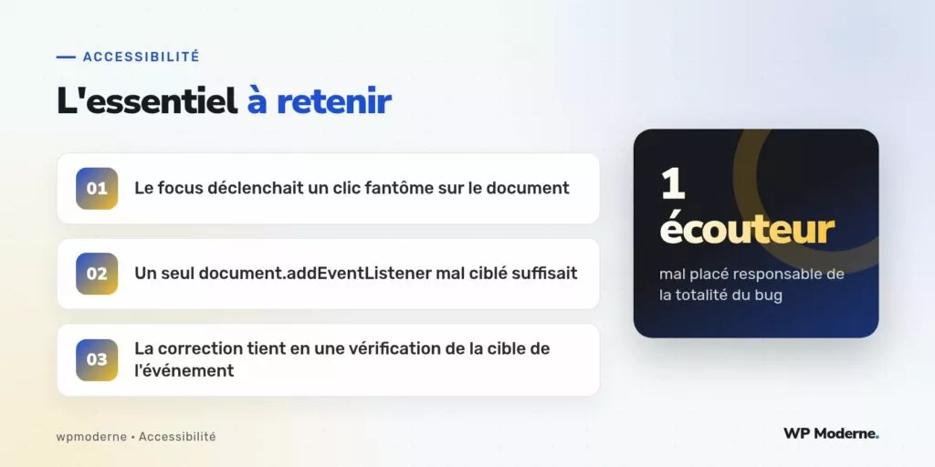 L'essentiel à retenir : Le focus déclenchait un clic fantôme sur le document ; Un seul document.addEventListener mal ciblé suffisait ; La correction tient en une vérification de la cible de l'événement
