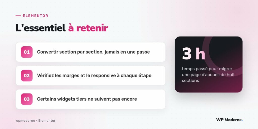 L'essentiel à retenir : Convertir section par section, jamais en une passe ; Vérifiez les marges et le responsive à chaque étape ; Certains widgets tiers ne suivent pas encore