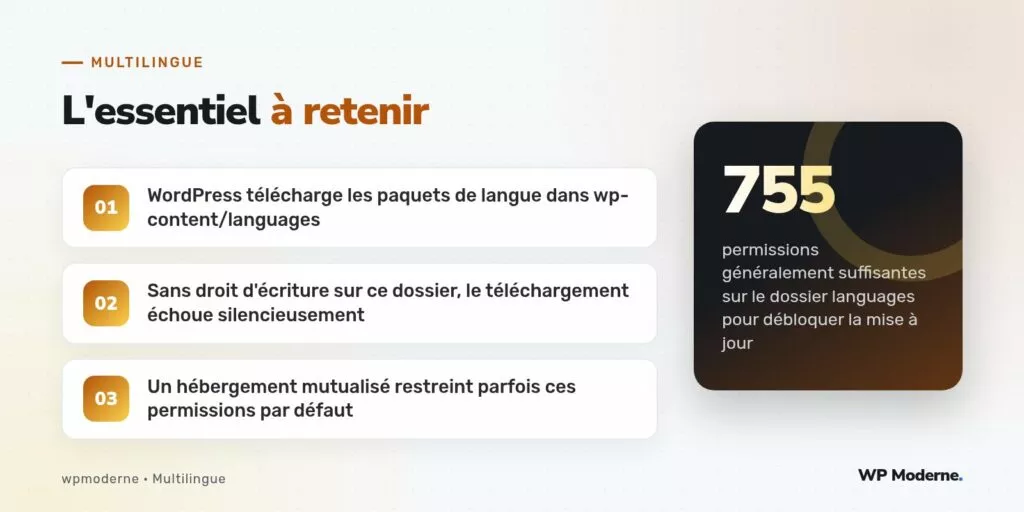 L'essentiel à retenir : WordPress télécharge les paquets de langue dans wp-content/languages ; Sans droit d'écriture sur ce dossier, le téléchargement échoue silencieusement ; Un hébergement mutualisé restreint parfois ces permissions par défaut