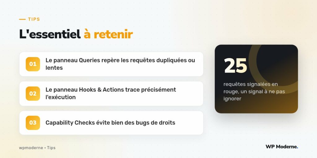 L'essentiel à retenir : Le panneau Queries repère les requêtes dupliquées ou lentes ; Le panneau Hooks & Actions trace précisément l'exécution ; Capability Checks évite bien des bugs de droits
