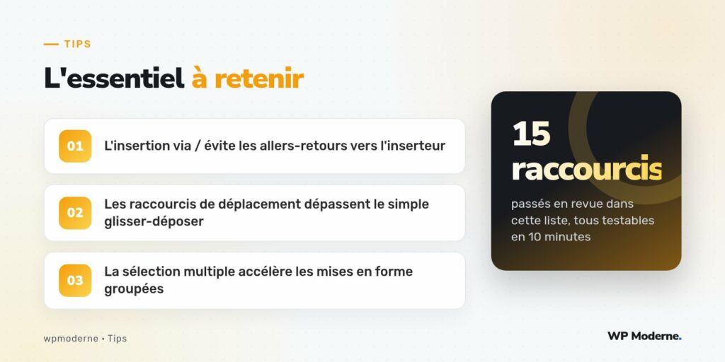 L'essentiel à retenir : L'insertion via / évite les allers-retours vers l'inserteur ; Les raccourcis de déplacement dépassent le simple glisser-déposer ; La sélection multiple accélère les mises en forme groupées