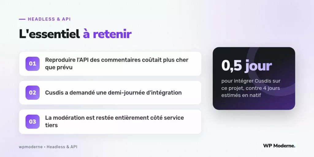 L'essentiel à retenir : Reproduire l'API des commentaires coûtait plus cher que prévu ; Cusdis a demandé une demi-journée d'intégration ; La modération est restée entièrement côté service tiers