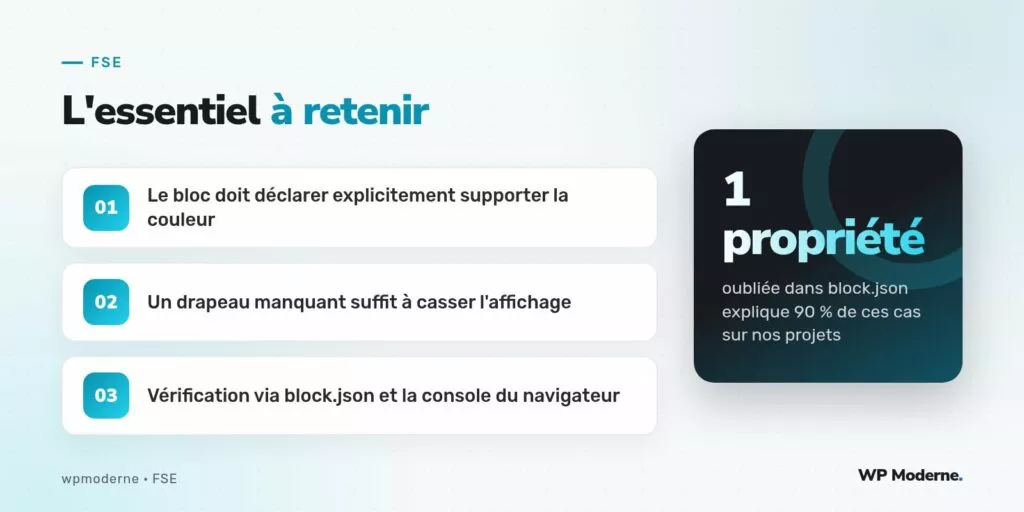 L'essentiel à retenir : Le bloc doit déclarer explicitement supporter la couleur ; Un drapeau manquant suffit à casser l'affichage ; Vérification via block.json et la console du navigateur