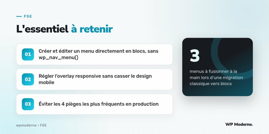 L'essentiel à retenir : Créer et éditer un menu directement en blocs, sans wp_nav_menu() ; Régler l'overlay responsive sans casser le design mobile ; Éviter les 4 pièges les plus fréquents en production